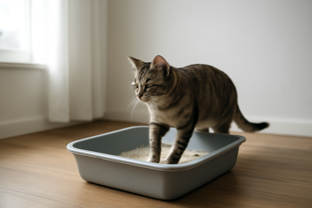 Kucing sedang masuk ke kotak pasir yang bersih di sudut ruangan
