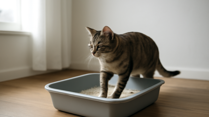 Kucing sedang masuk ke kotak pasir yang bersih di sudut ruangan