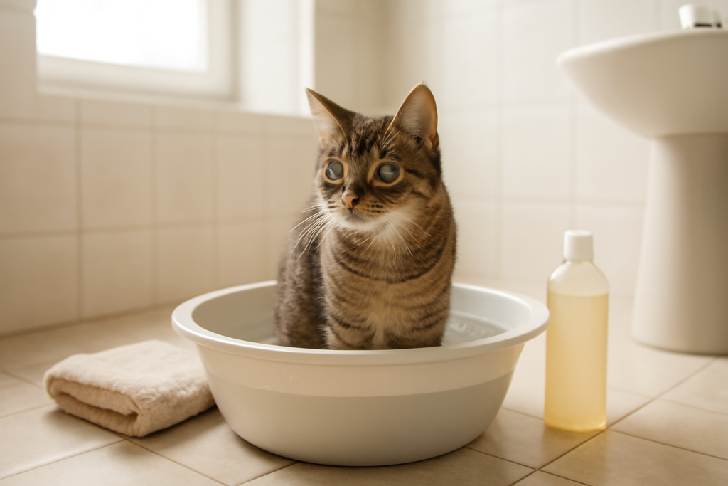 Kucing berbulu pendek berdiri tenang di dalam baskom berisi air hangat saat dimandikan di kamar mandi