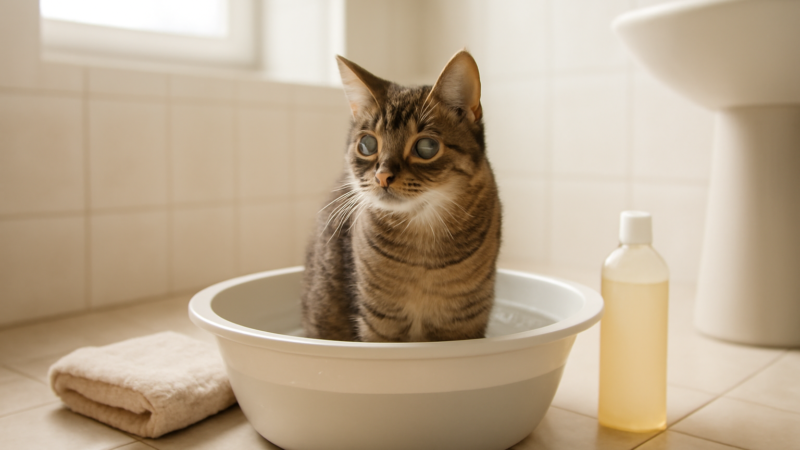 Kucing berbulu pendek berdiri tenang di dalam baskom berisi air hangat saat dimandikan di kamar mandi