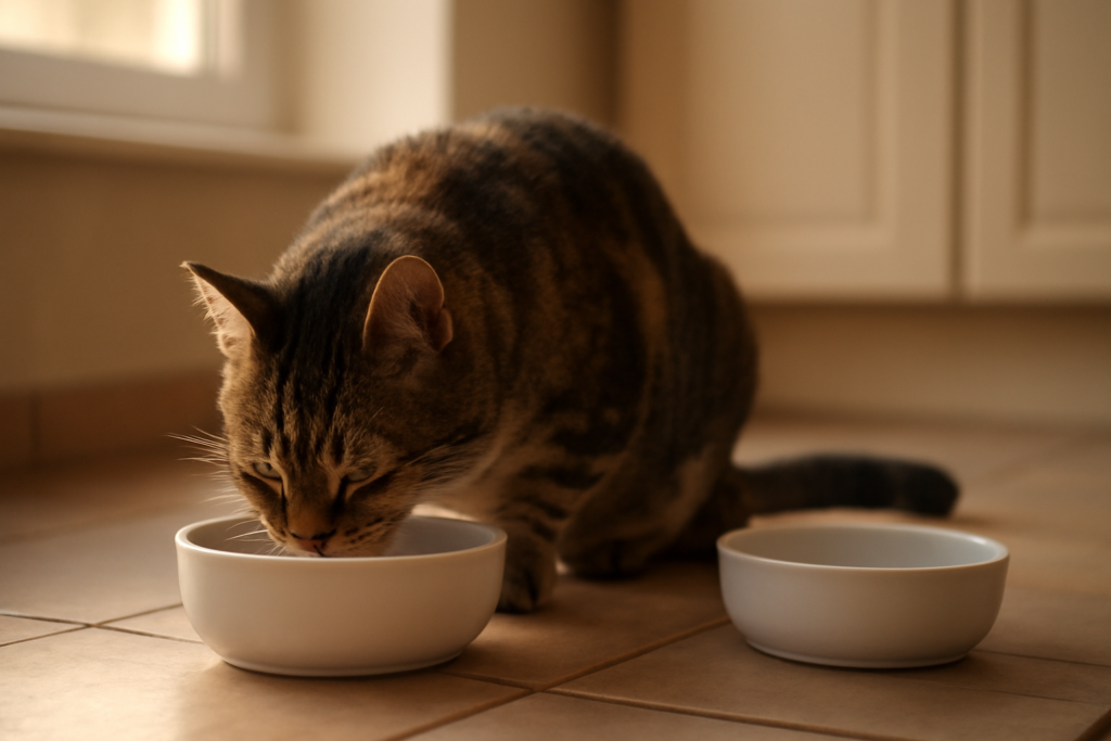 Kucing kampung sedang makan dari mangkuk keramik di lantai dapur