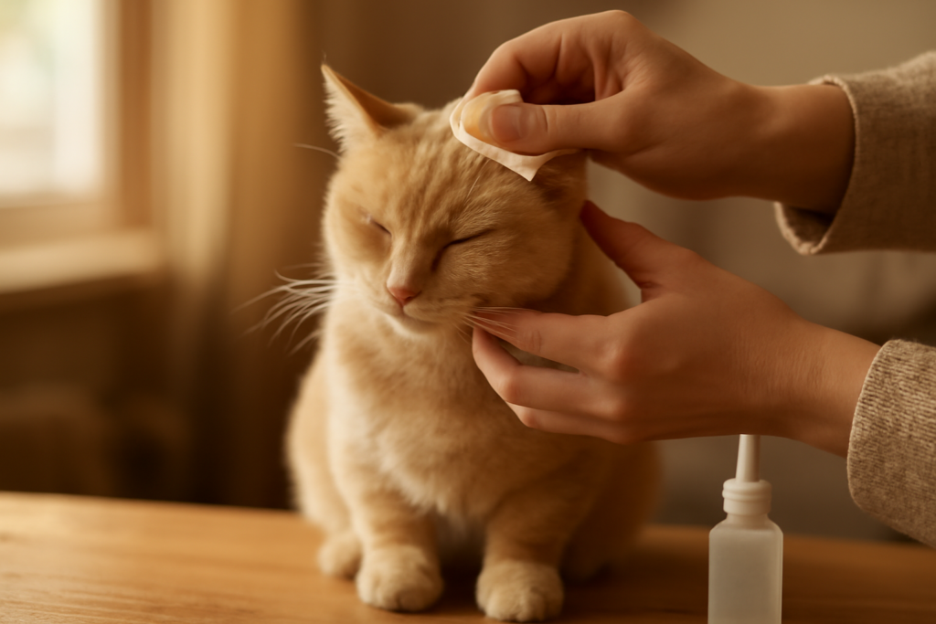 Seseorang membersihkan telinga kucing dengan kapas lembut di atas meja kayu