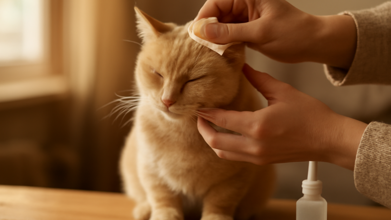 Seseorang membersihkan telinga kucing dengan kapas lembut di atas meja kayu