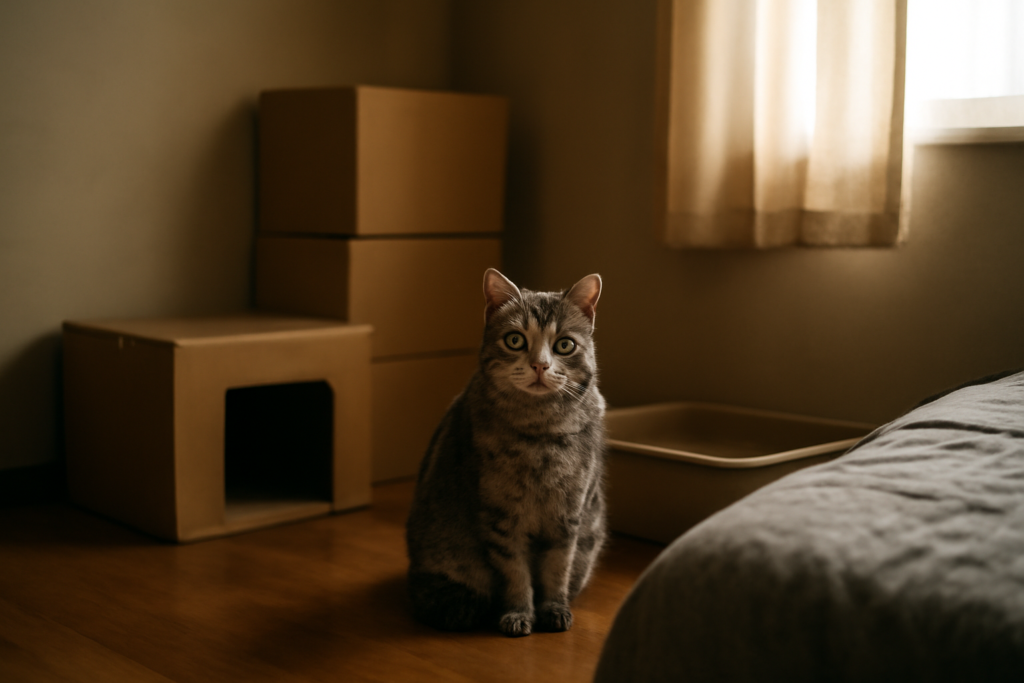 Kucing abu-abu duduk tenang di kamar baru dekat kardus dan kotak pasir
