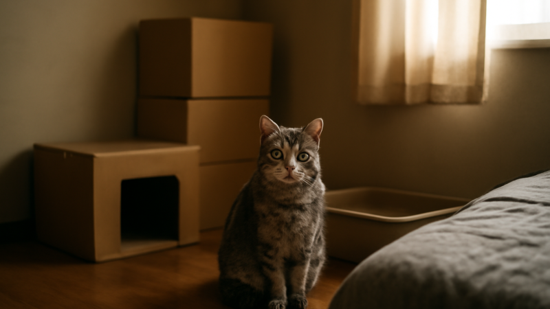 Kucing abu-abu duduk tenang di kamar baru dekat kardus dan kotak pasir