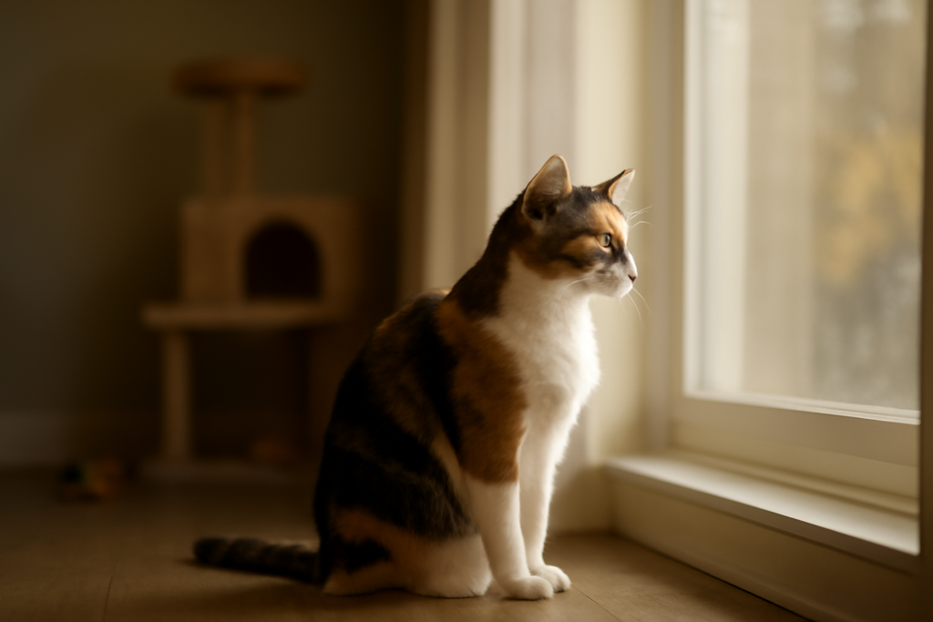 Kucing calico duduk sendirian di dekat jendela apartemen sambil mengamati suasana di luar