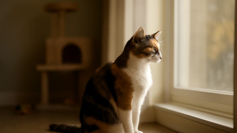 Kucing calico duduk sendirian di dekat jendela apartemen sambil mengamati suasana di luar