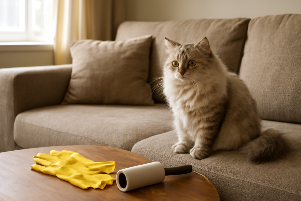 Kucing berbulu lebat duduk di sofa dengan bulu yang menempel, alat pembersih bulu di meja