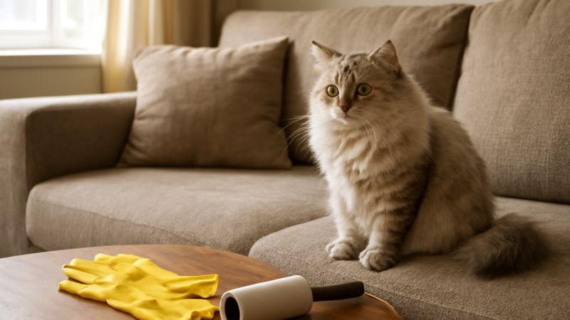 Kucing berbulu lebat duduk di sofa dengan bulu yang menempel, alat pembersih bulu di meja