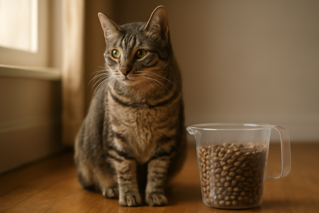 Kucing tabby duduk di samping gelas takar berisi makanan kering untuk menjaga berat badan ideal