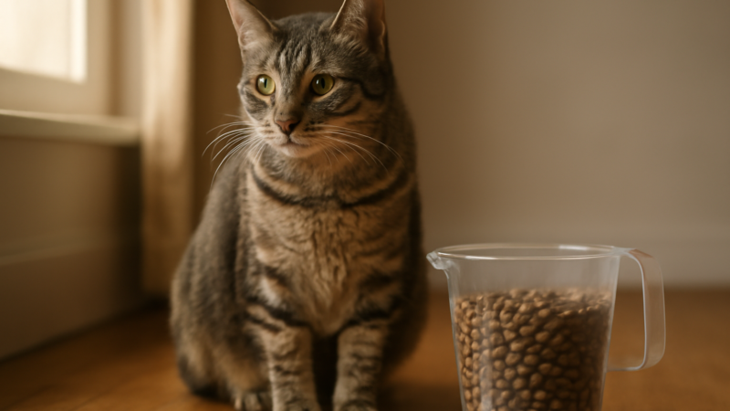 Kucing tabby duduk di samping gelas takar berisi makanan kering untuk menjaga berat badan ideal