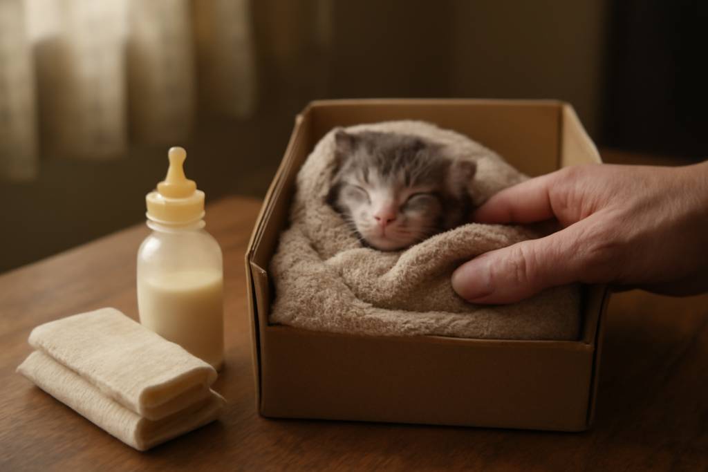 Anak kucing baru lahir dibungkus handuk lembut di dalam kotak dengan botol susu di sampingnya