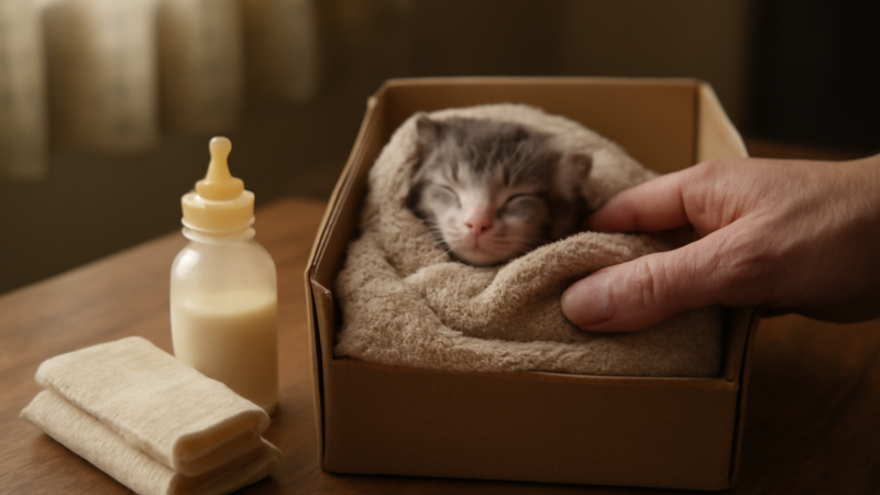 Anak kucing baru lahir dibungkus handuk lembut di dalam kotak dengan botol susu di sampingnya