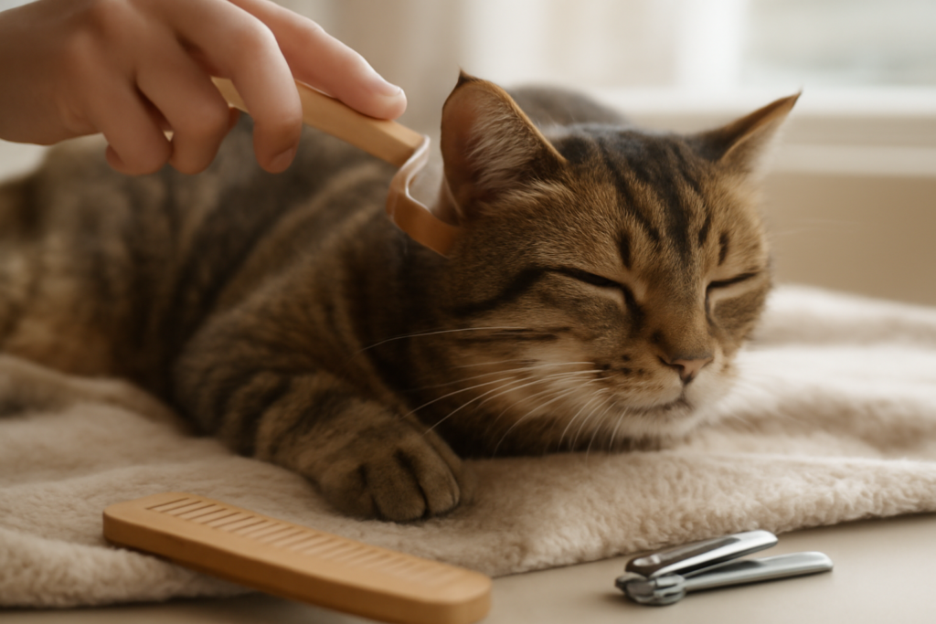 Kucing tabby disikat dengan sikat berbulu lembut, dengan sisir dan penjepit kuku di dekatnya