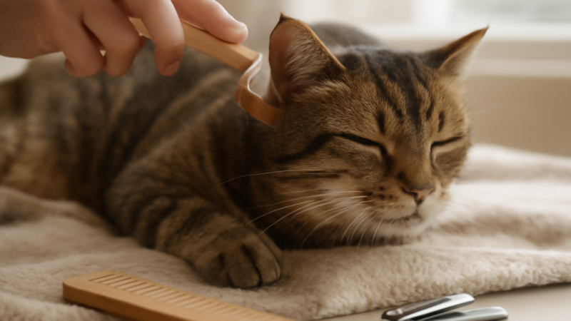 Kucing tabby disikat dengan sikat berbulu lembut, dengan sisir dan penjepit kuku di dekatnya